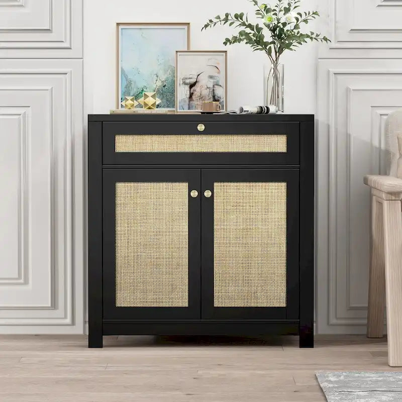 Schwarzes Rattan-Sideboard mit 2 Türen und Aufbewahrungsschublade