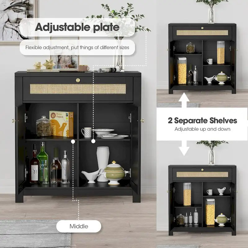 Schwarzes Rattan-Sideboard mit 2 Türen und Aufbewahrungsschublade