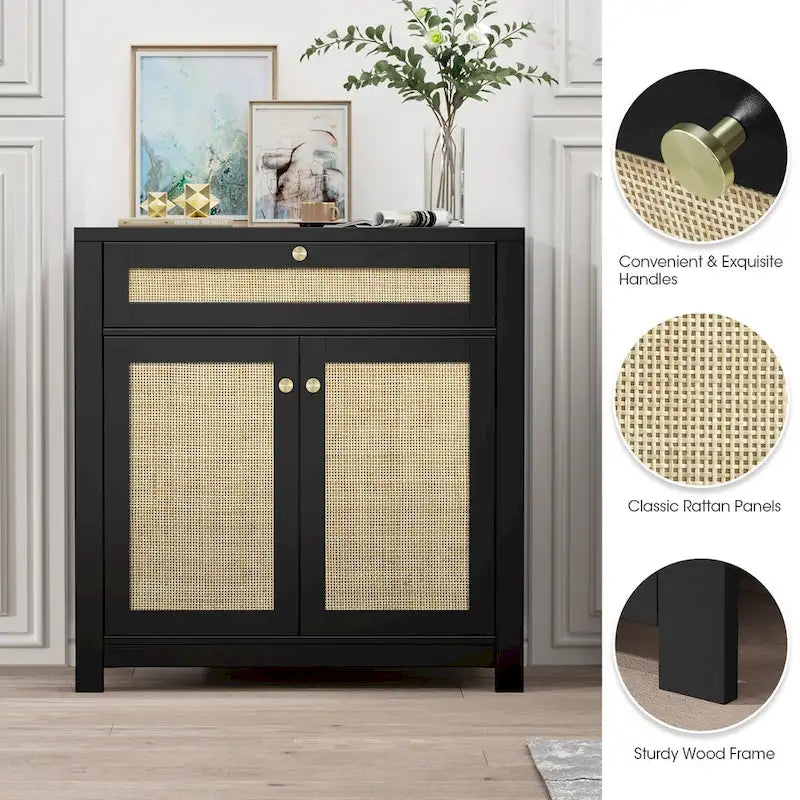Schwarzes Rattan-Sideboard mit 2 Türen und Aufbewahrungsschublade