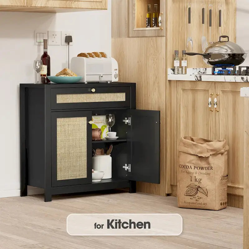 Schwarzes Rattan-Sideboard mit 2 Türen und Aufbewahrungsschublade