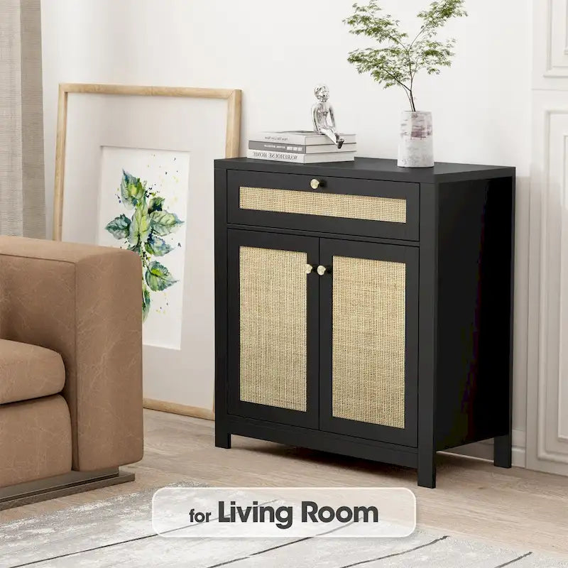 Schwarzes Rattan-Sideboard mit 2 Türen und Aufbewahrungsschublade