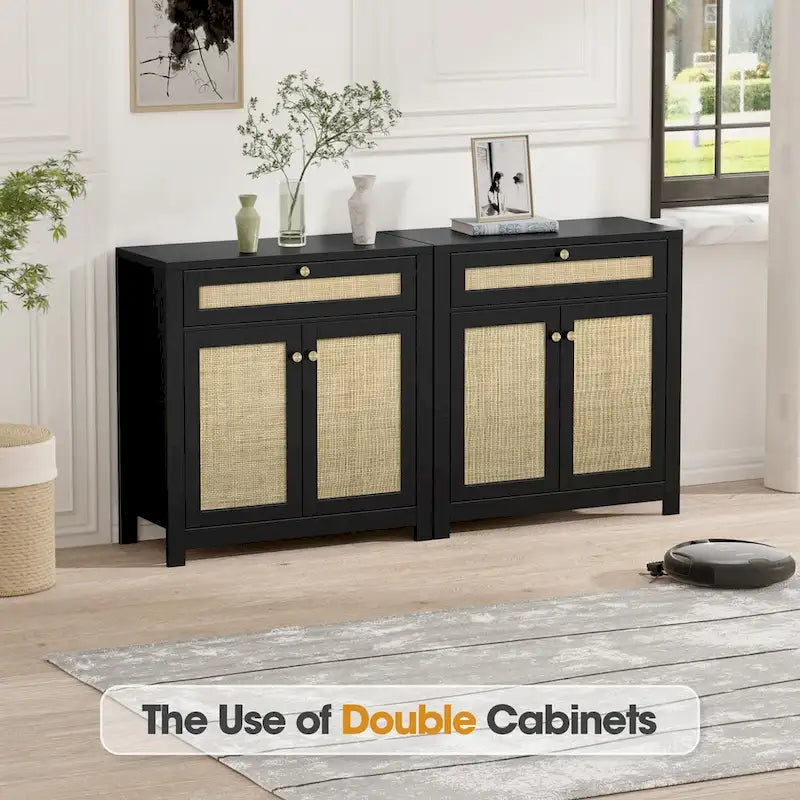 Schwarzes Rattan-Sideboard mit 2 Türen und Aufbewahrungsschublade