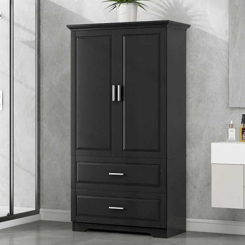 Armario alto de almacenamiento para baño, con dos puertas y cajones, estante ajustable, tablero MDF, negro