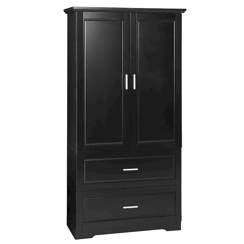 Armoire haute de rangement pour salle de bains, avec deux portes et tiroirs, étagère réglable, panneau MDF, noire