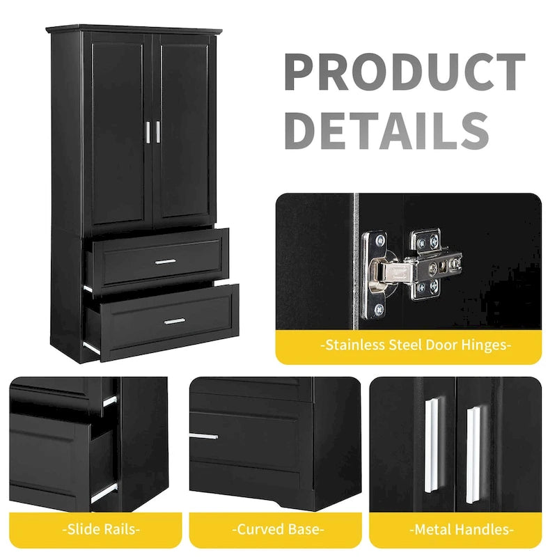 Armoire haute de rangement pour salle de bains, avec deux portes et tiroirs, étagère réglable, panneau MDF, noire