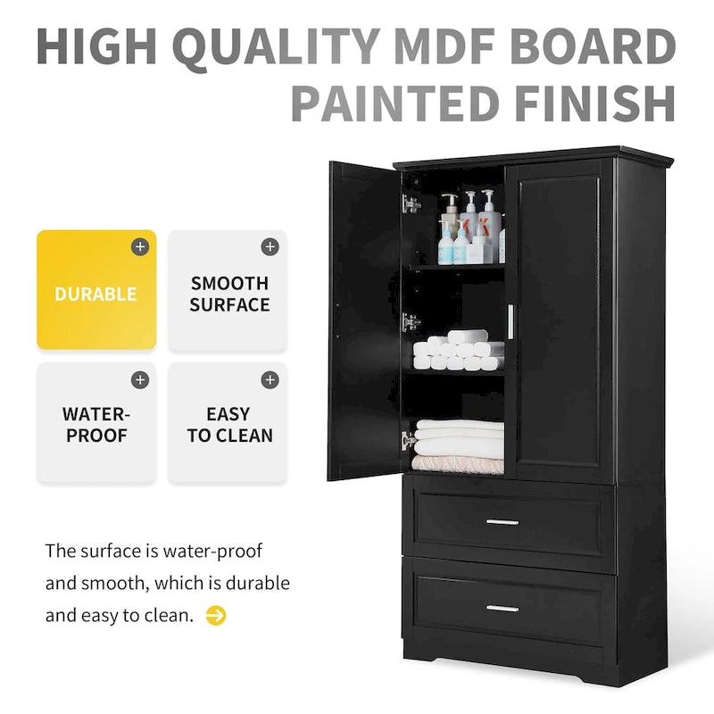 Armario alto de almacenamiento para baño, con dos puertas y cajones, estante ajustable, tablero MDF, negro