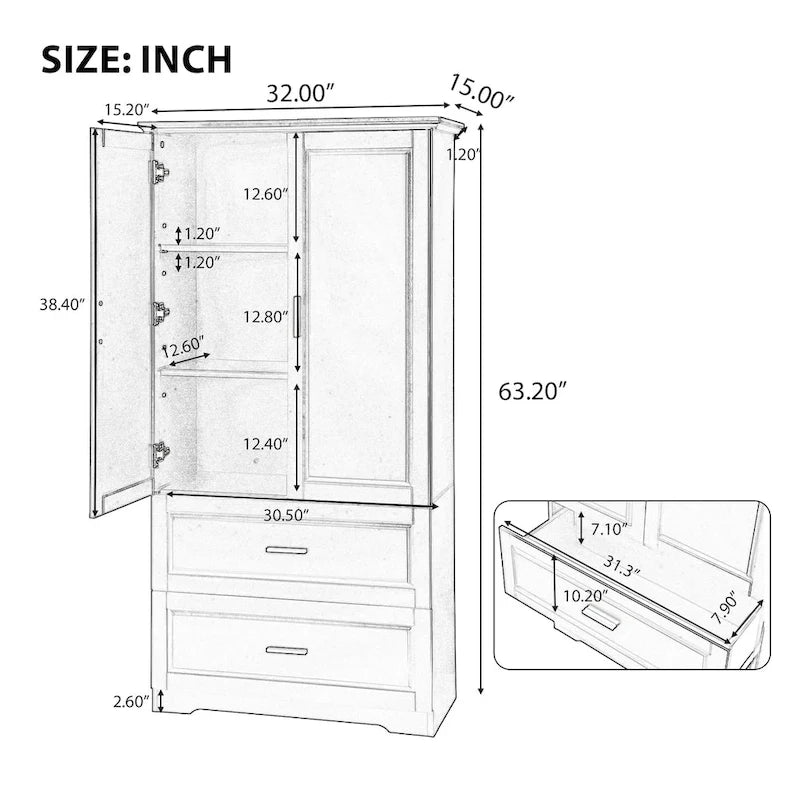 Armoire haute de rangement pour salle de bains, avec deux portes et tiroirs, étagère réglable, panneau MDF, noire