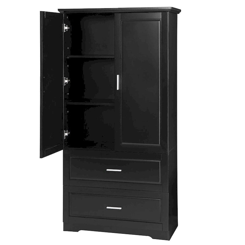 Armoire haute de rangement pour salle de bains, avec deux portes et tiroirs, étagère réglable, panneau MDF, noire