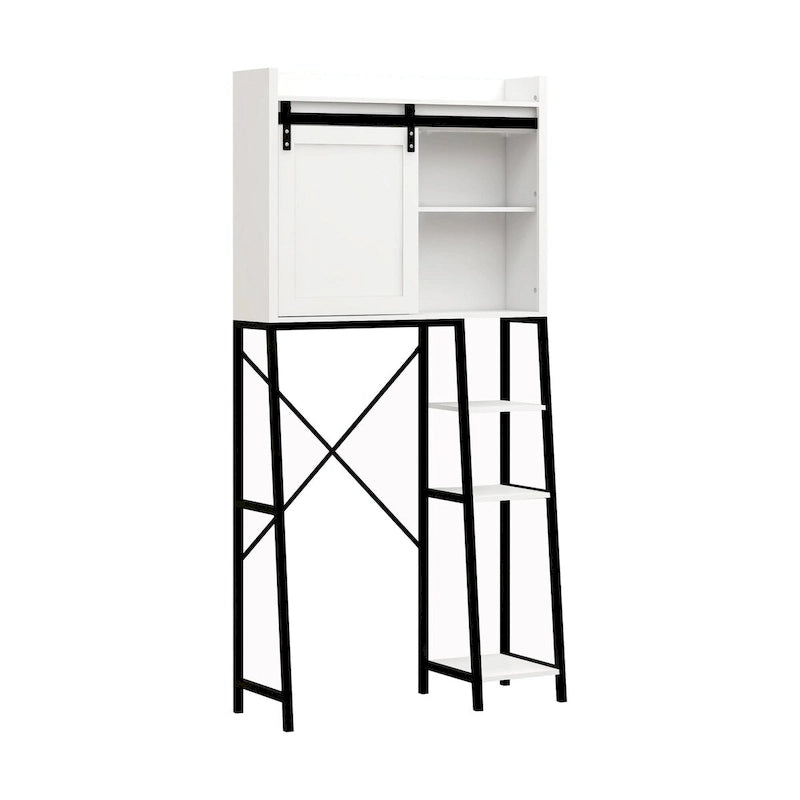 Mueble de almacenamiento sobre el inodoro con puerta corrediza estilo granero y estantes ajustables