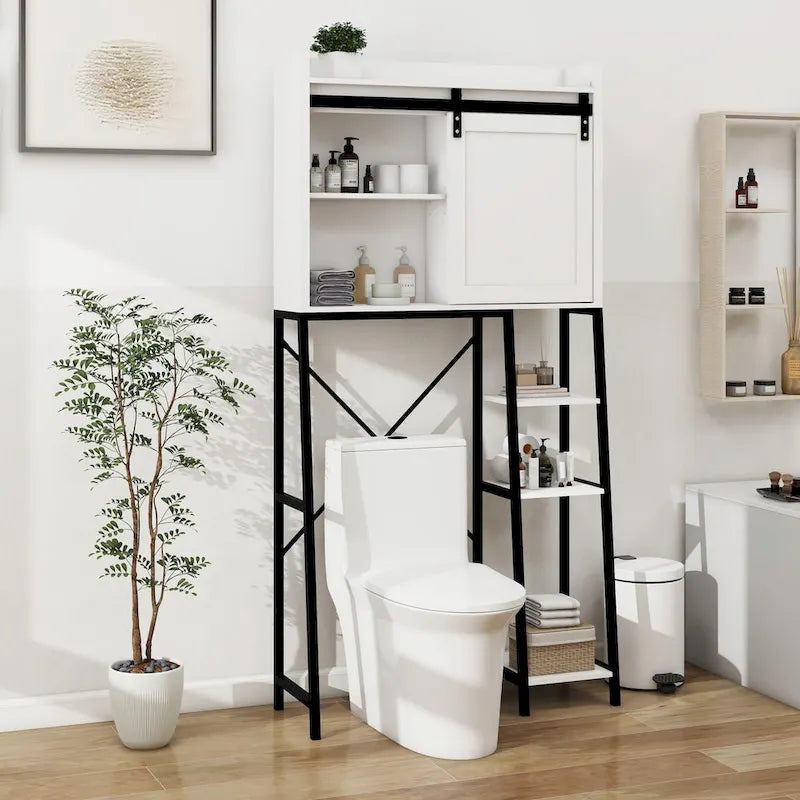 Mueble de almacenamiento sobre el inodoro con puerta corrediza estilo granero y estantes ajustables
