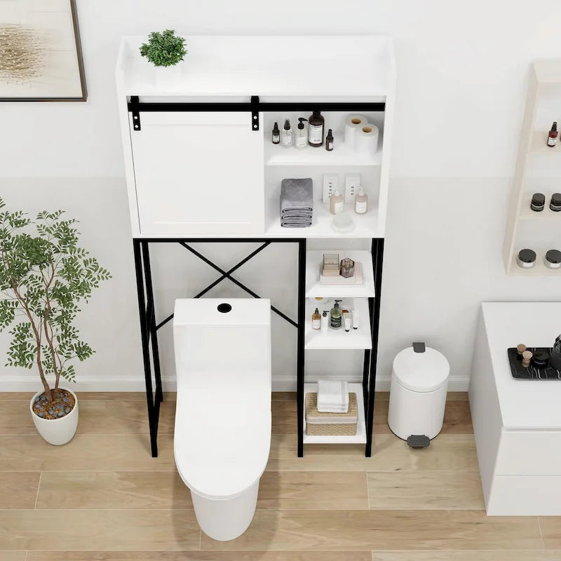 Mueble de almacenamiento sobre el inodoro con puerta corrediza estilo granero y estantes ajustables
