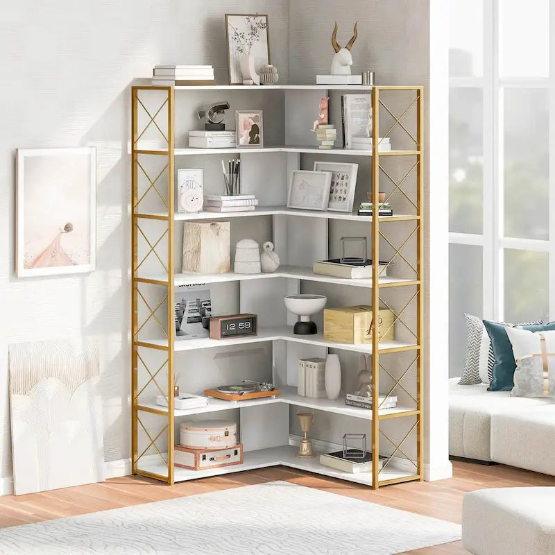 7-Tier Bookcase Home Office Bookshelf, L-Shaped Corner Bookcase with Metal Frame, MDF Board - 37.4*37.4*709