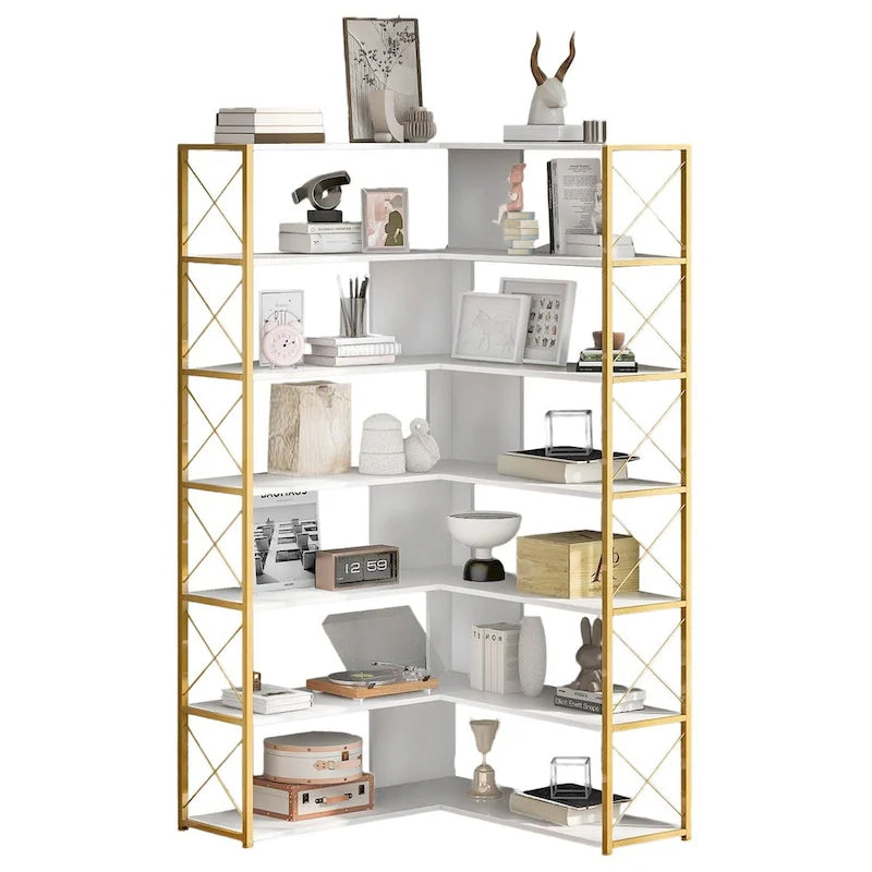 7-stufiges Bücherregal für das Homeoffice, L-förmiges Eckregal mit Metallrahmen und MDF-Platten - 37.4*37.4*709