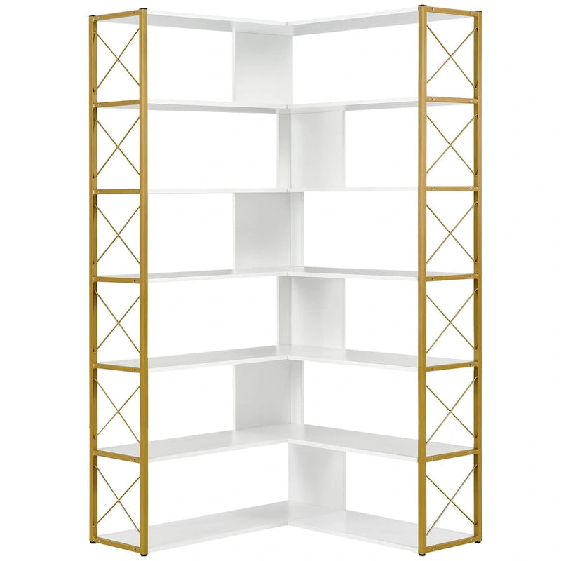 Librero de 7 niveles para oficina en casa, librero esquinero en forma de L con estructura metálica, tablero de MDF - 37.4*37.4*709