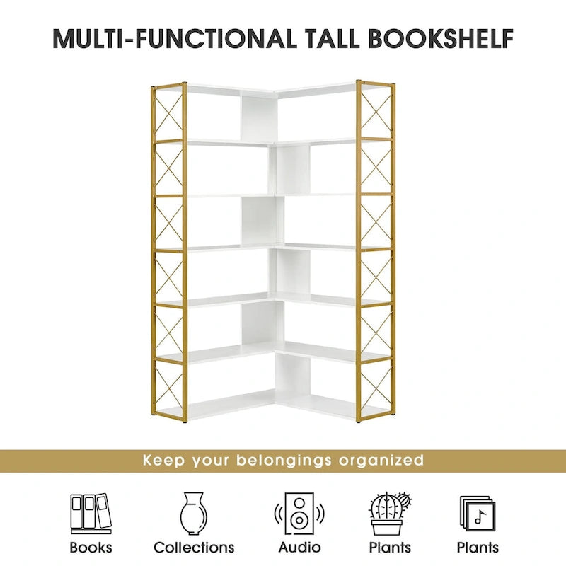 7-stufiges Bücherregal für das Homeoffice, L-förmiges Eckregal mit Metallrahmen und MDF-Platten - 37.4*37.4*709