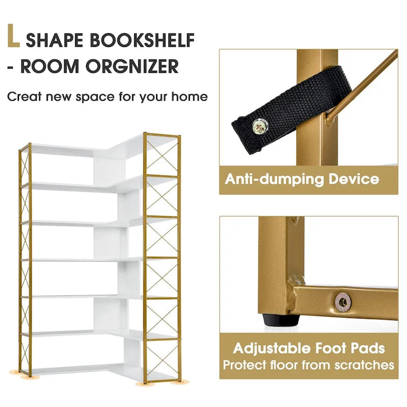 7-stufiges Bücherregal für das Homeoffice, L-förmiges Eckregal mit Metallrahmen und MDF-Platten - 37.4*37.4*709