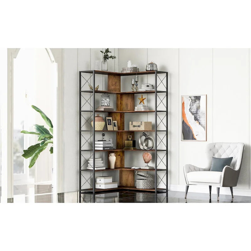 7-stufiges Bücherregal für das Homeoffice, L-förmiges Eckregal mit Metallrahmen und MDF-Platten - 37.4*37.4*709