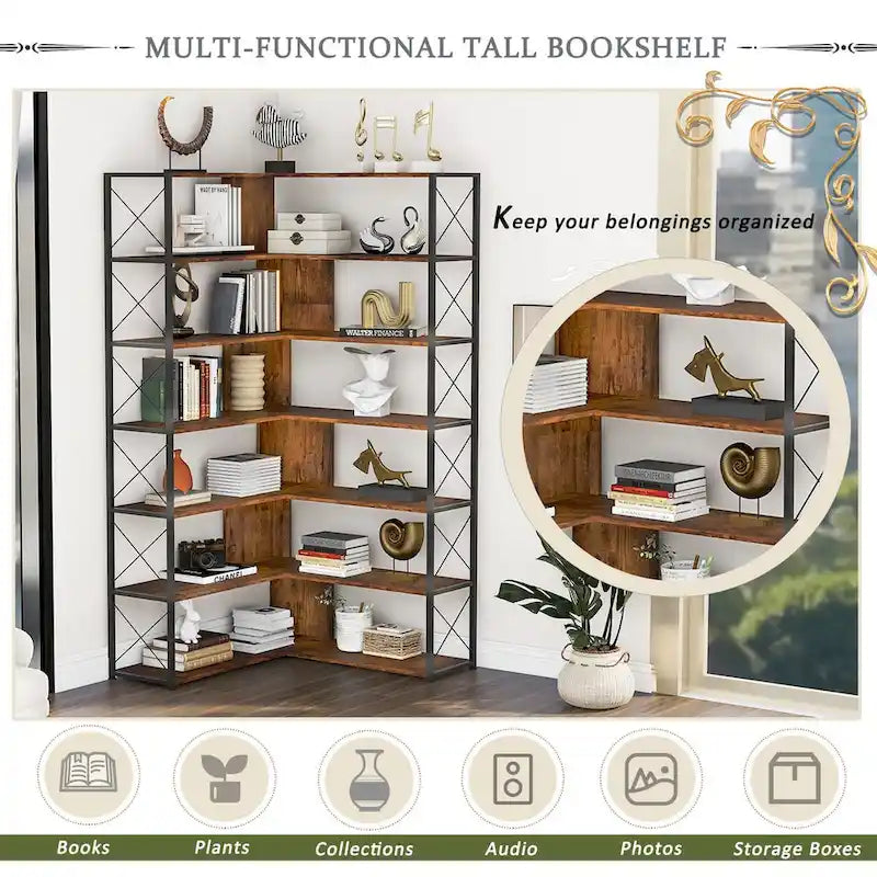 7-stufiges Bücherregal für das Homeoffice, L-förmiges Eckregal mit Metallrahmen und MDF-Platten - 37.4*37.4*709