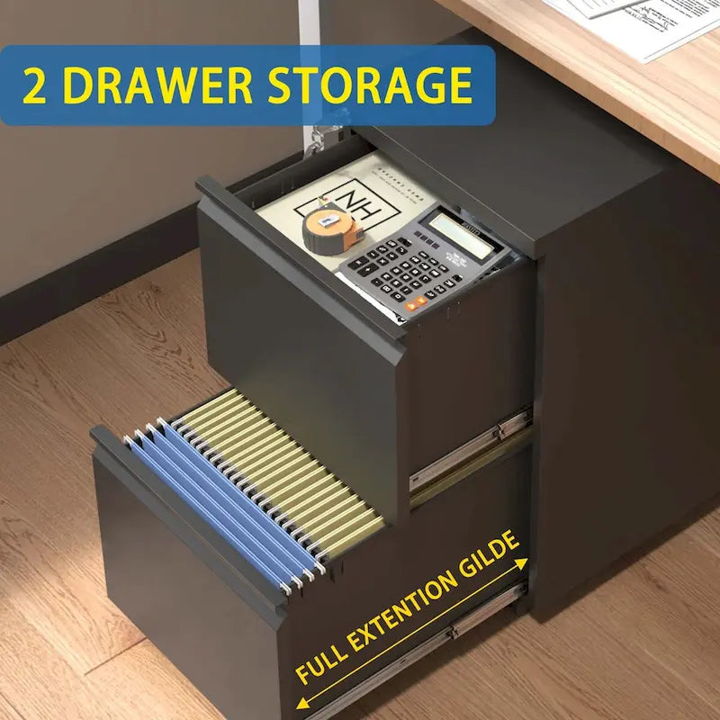 Archivador metálico móvil de 2 cajones, archivador con ruedas y cerradura para colgar documentos tamaño Legal/Letter/A4