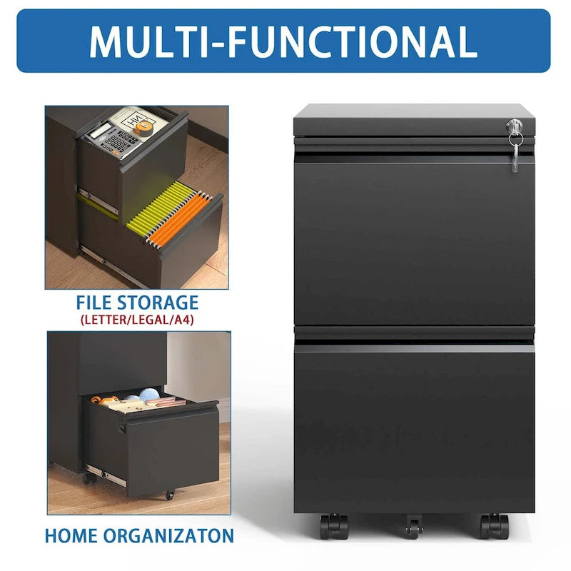 Archivador metálico móvil de 2 cajones, archivador con ruedas y cerradura para colgar documentos tamaño Legal/Letter/A4