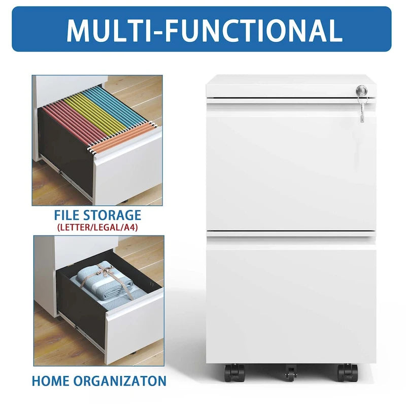 Archivador metálico móvil de 2 cajones, archivador con ruedas y cerradura para colgar documentos tamaño Legal/Letter/A4